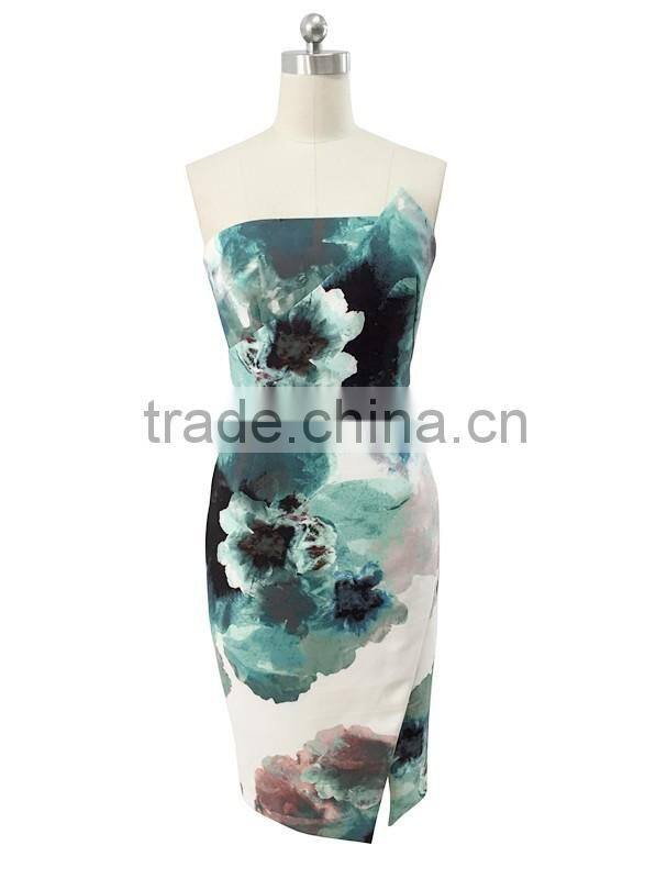 Lady's digital printed bonded fabric strapless dress