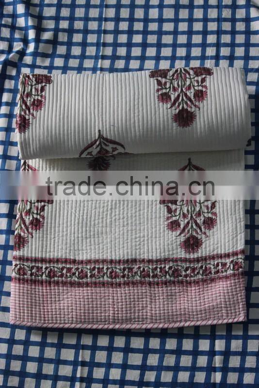 Hand Block Print Cotton Kantha Quilted Bed Cover, Baby Quilt jaipuri Print, Custom Design
