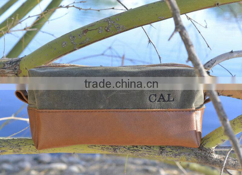 High quality and personalized waxed canvas and leather bag , waxed canvas zipper pouch with leather accents , waxed canvas pouch