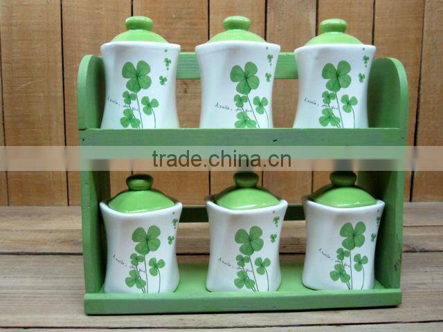 Fresh Decal Ceramic Kitchen Food Canisters Set with Wooden Stand