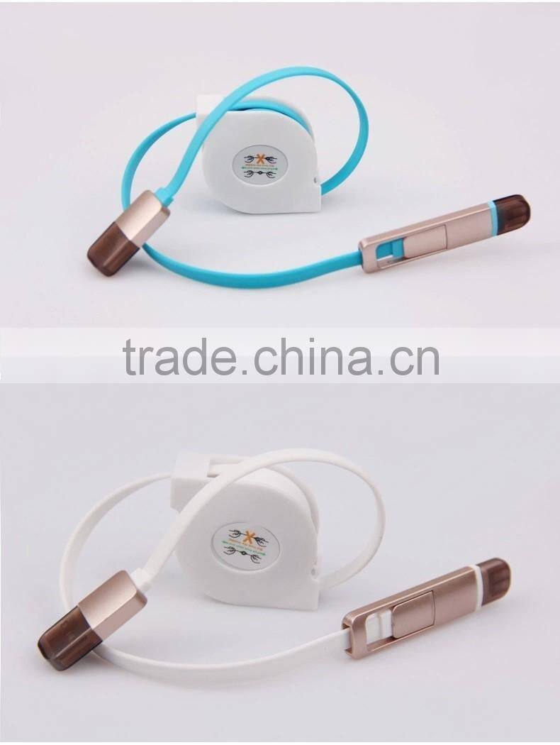 2016 Factory wholesale high quality promotional Gift TPE Material Retractable 2 in 1 Micro USB Cable Sync Data Charging