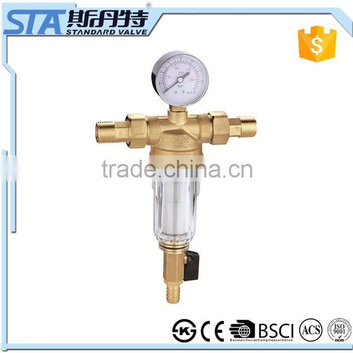 ART.5073 Household 1/2" forged body natural color sand blast brass sediment pre water filter with gauge meter for the pipeline