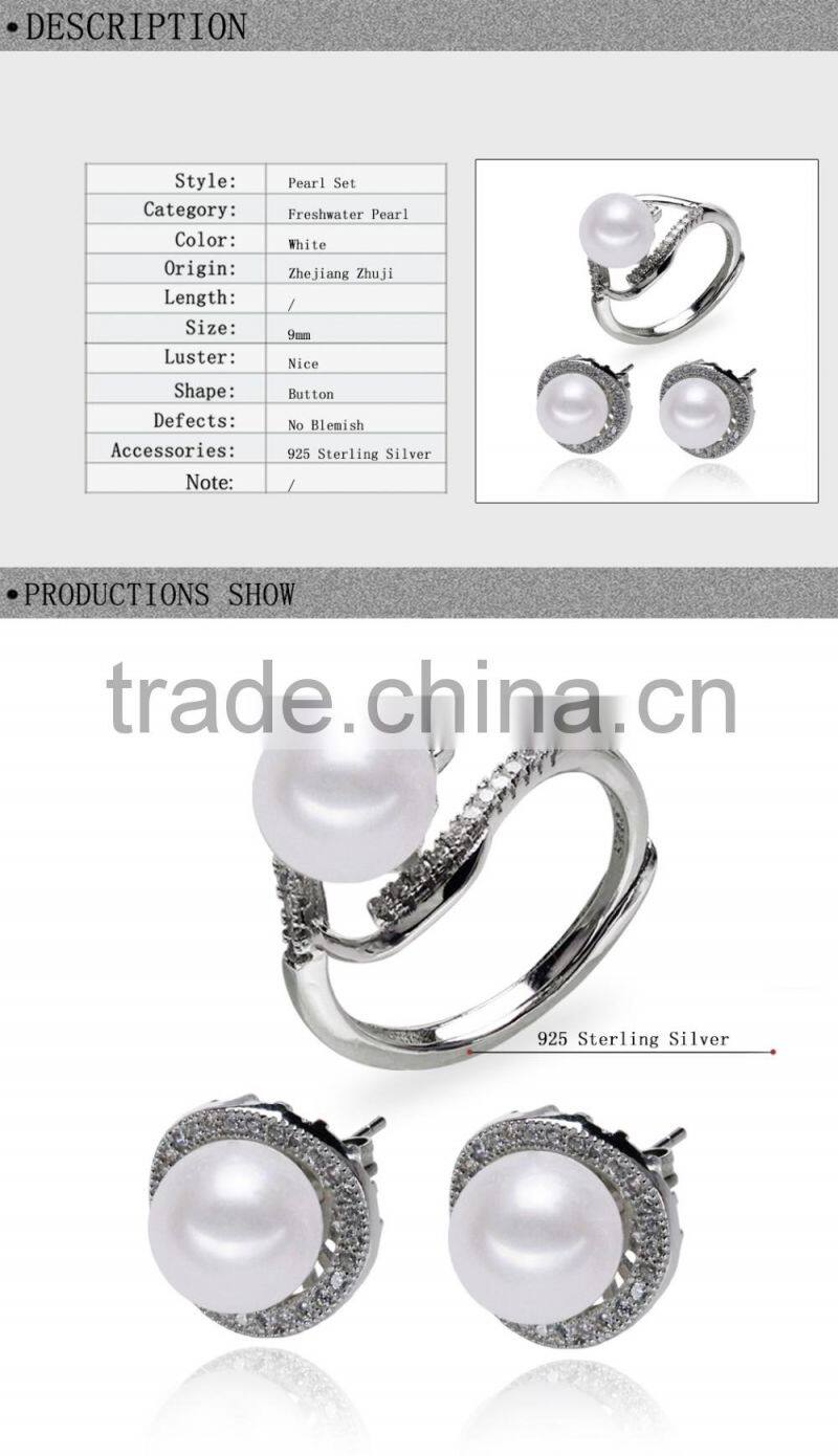 shinning new design zircon 925 sterling silver natural pearl wedding jewelry bridal set