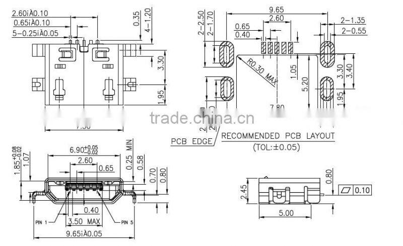 Micro USB 5 PIN dip type,insert0.80mm