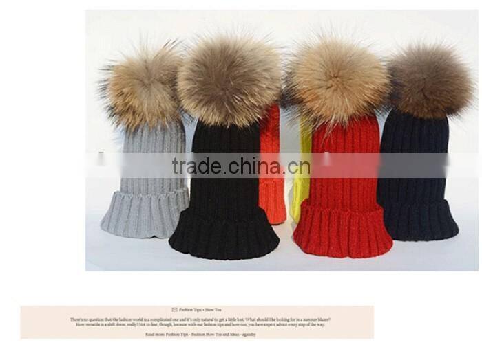 Children hat kids hat Children Winter Raccoon Fur Hats 100% Real 15cm Fur pompom Beanies Cap Natural Fur Hat For Kids Children