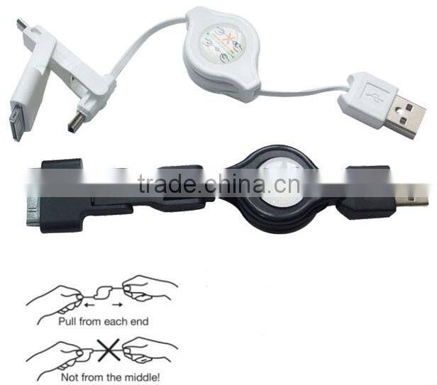 Portable 3 in 1 retractable USB connect data sync charging cable