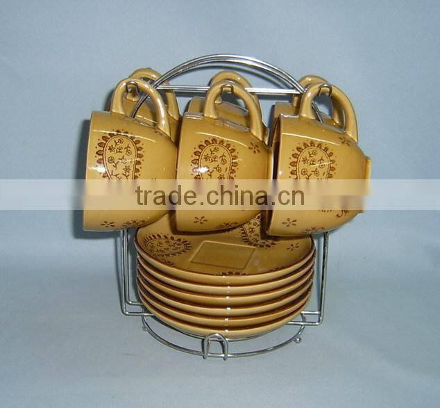 Set of 6 hand printing square shaped ceramic travel mug set with rack