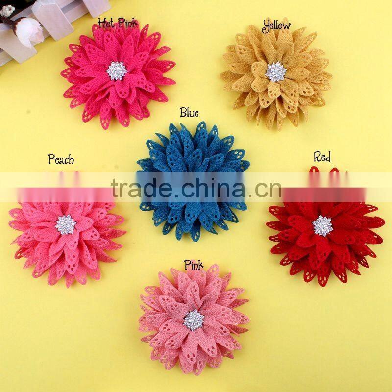 fabric flower with rhinestone center for kids hair accessories