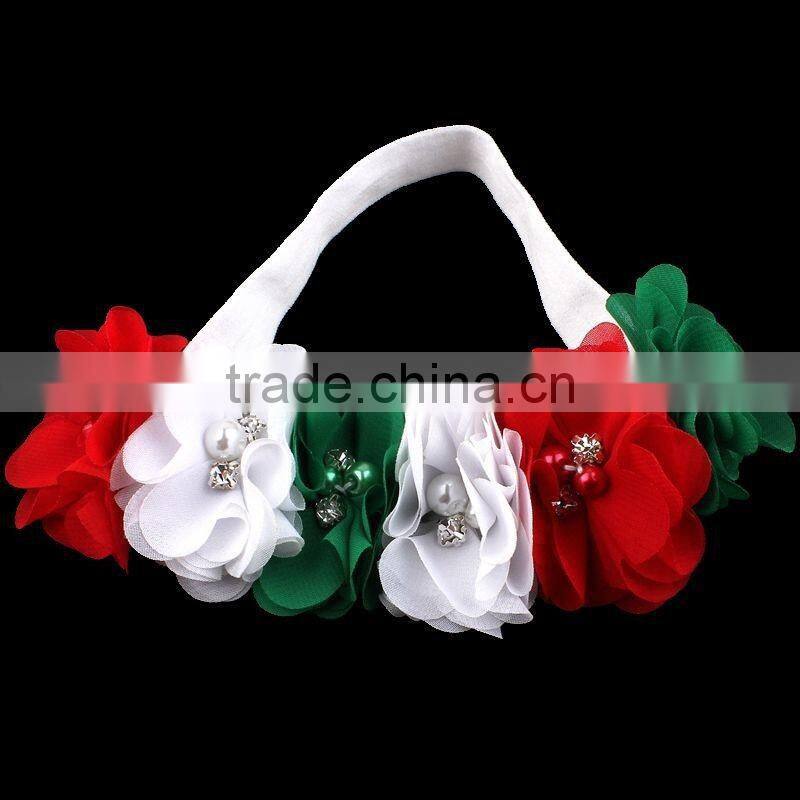 handmade chiffon flower headband with pearl beads center for kids hair accessories for baby girl