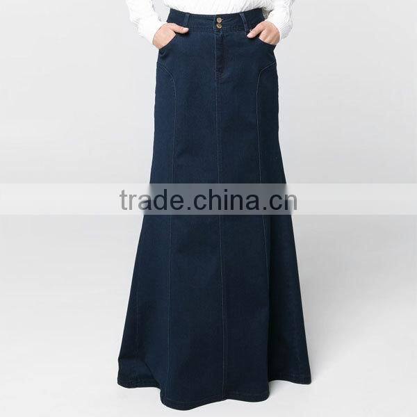 Top quality dark blue cotton blue color girls soft denim long skirt