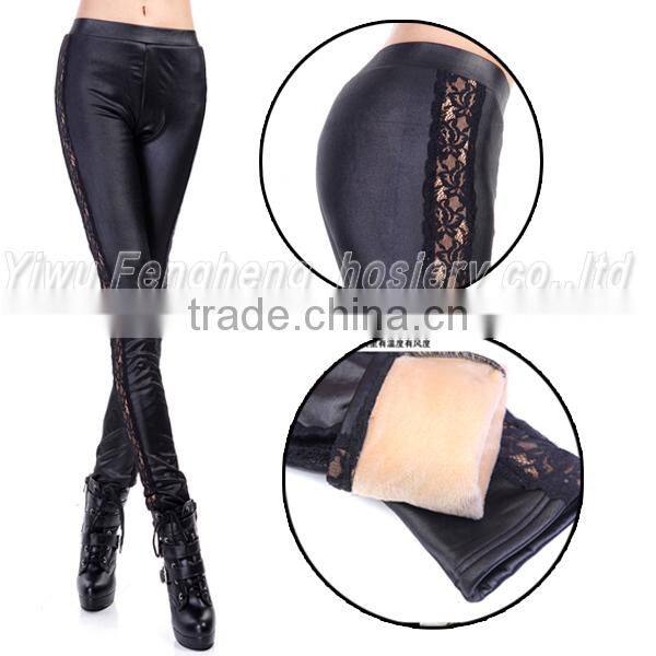 Winter imitation leather lace stitching thickening add wool leggings