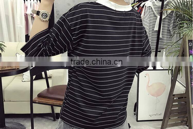 Summer wear women's clothing contracted stripe short sleeve T-shirt woman relaxed joker