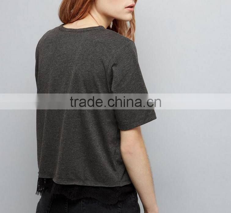 Latest model china t shirt factory blank design tshirt with lace trim hem