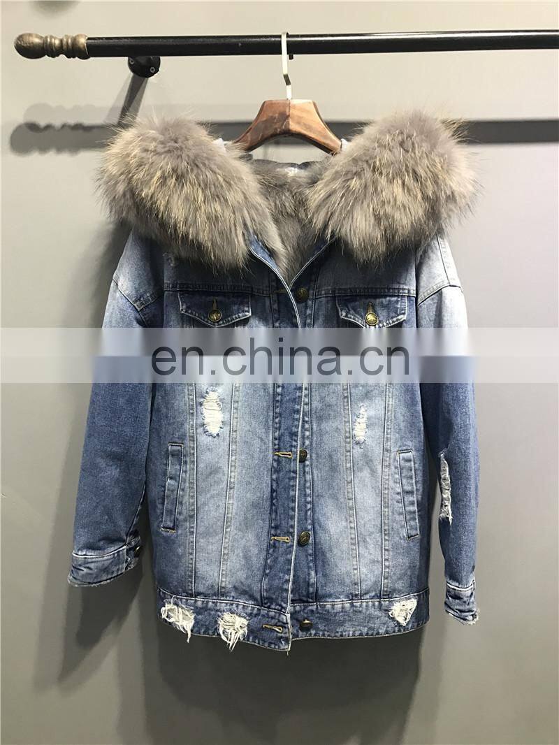 2017 Fashionable Women Winter Real Fox Fur Lined Denim Parka Real Fur Jacket Raccoon