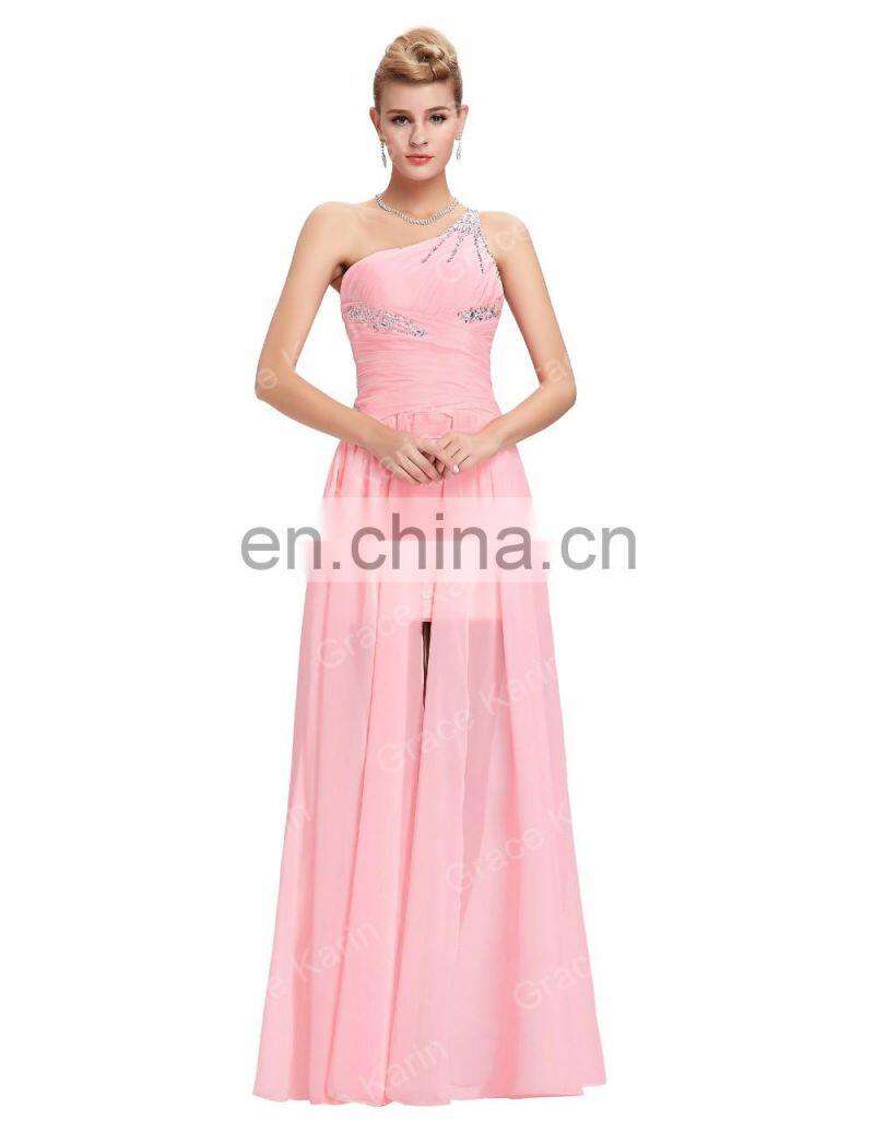 Grace Karin Short Front Long Back Chiffon One Shoulder Pink Prom Dress CL3828