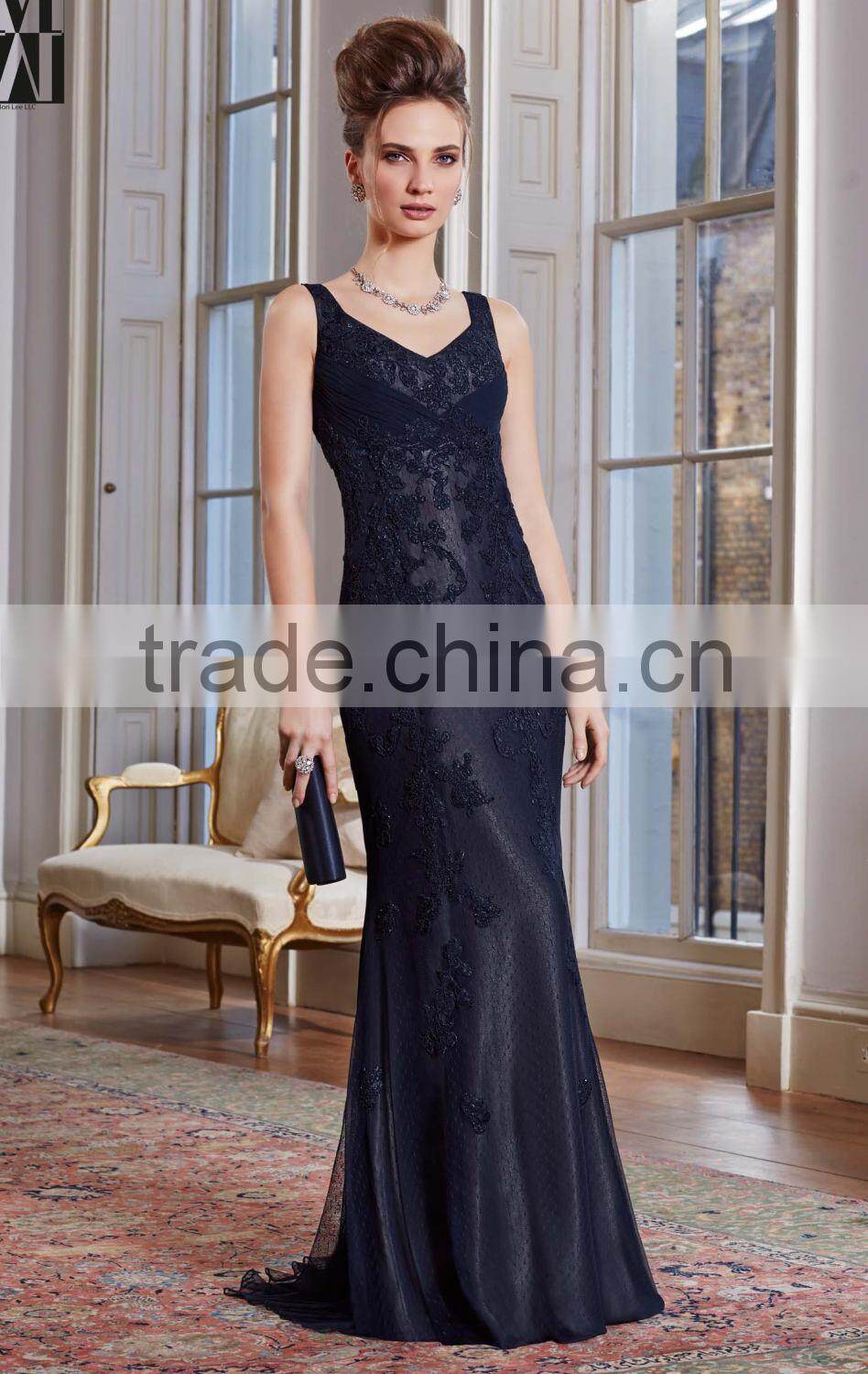 Long Elegant Straps V Back A-line Evening Dresses 2014 With Lace Applique