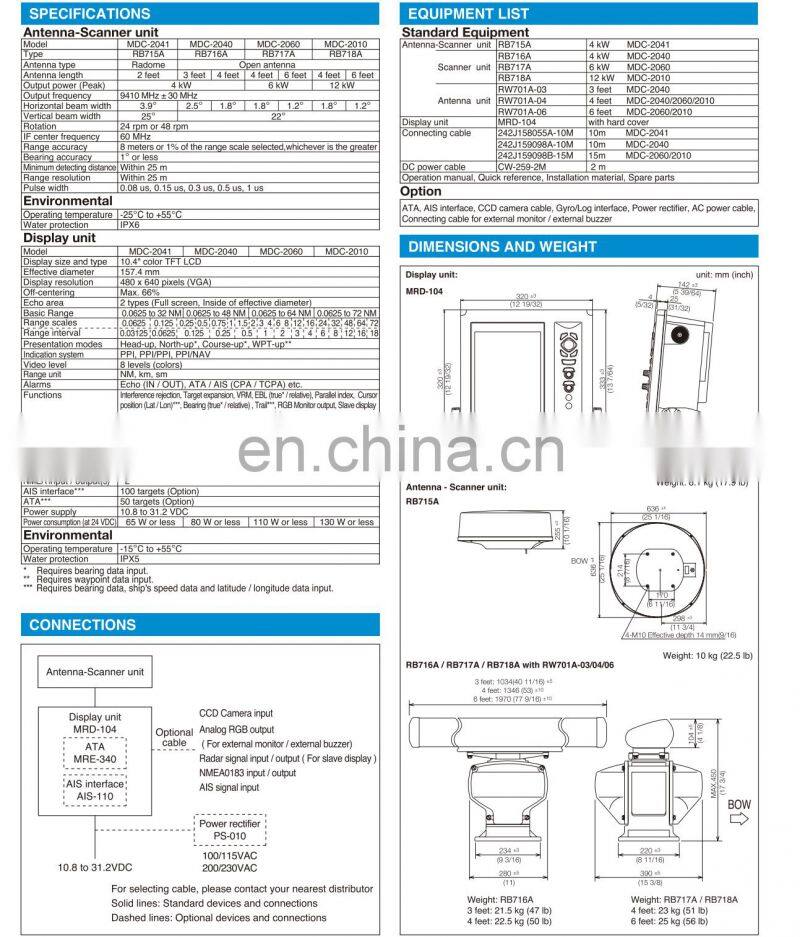 Marine electronics navigation communication koden MDC-2041 32NM 4KW 10.4'' 2FT radome antenna X BAND vessel nautical radar