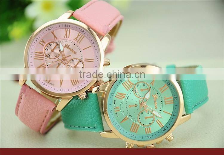 2016 New Leather Geneva Watches Women Dress Quartz Roman Style Leather Wristwatch Hot Sale Lady Watches