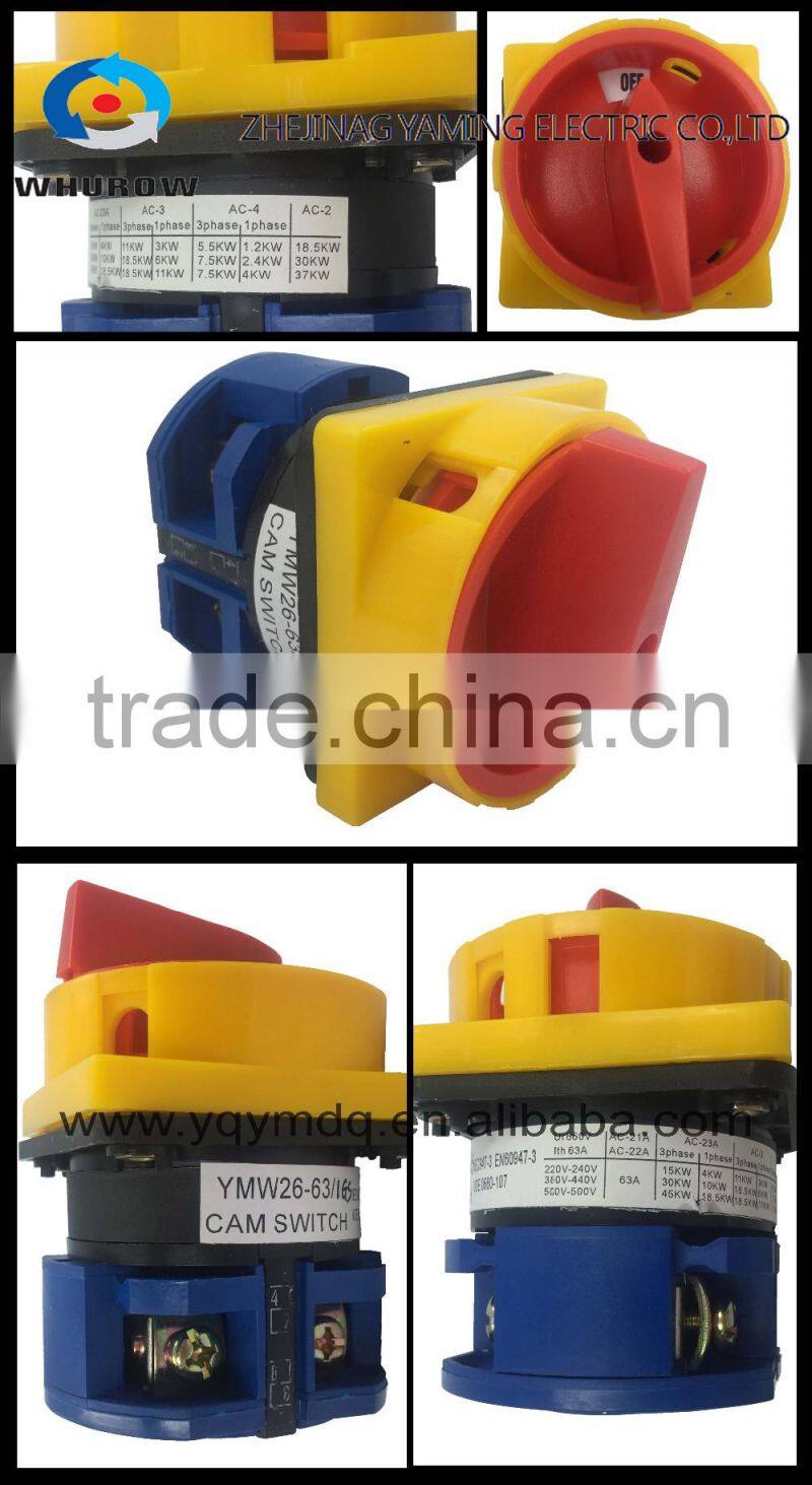 Cam switch YMW26-63/1GS with padlock changeover rotary switch 1 stage 2 positions on-off 4 terminals 63A Ui 690V sliver contacts