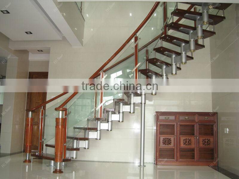 Indoor wood step straight staircase with glass railing