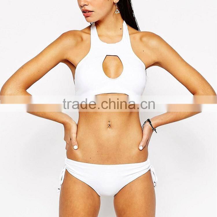 open sexy girl full photo halter neck bikini cut out front white crop micro bikini