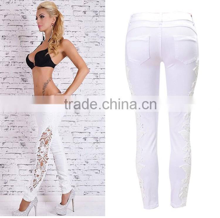2016 Summer Fashion Women Low Waist Pencil Denim Jean Pants Ladies White Lace Patchwork Fancy Narrow Bottom Skinny Female Jeans