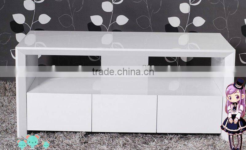 Short Modern MDF TV stand in high gloss finish with 8mm tempered glass shelf