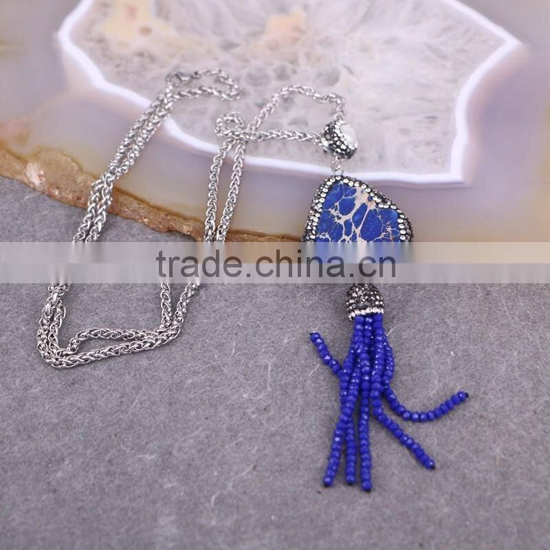 Jasper Stone Charms Druzy Tassel Necklace, Gem Stone Druzy Pendant, Pave Crystal Glass Tassel Jewelry, Stone Chain Necklace