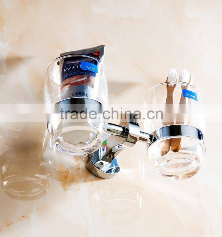 bathroom accessory with brass double cup holder for hotel family use.