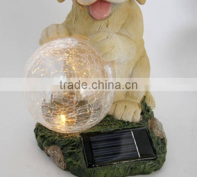 Resin solar lighting dog figurine with luminous glass ball