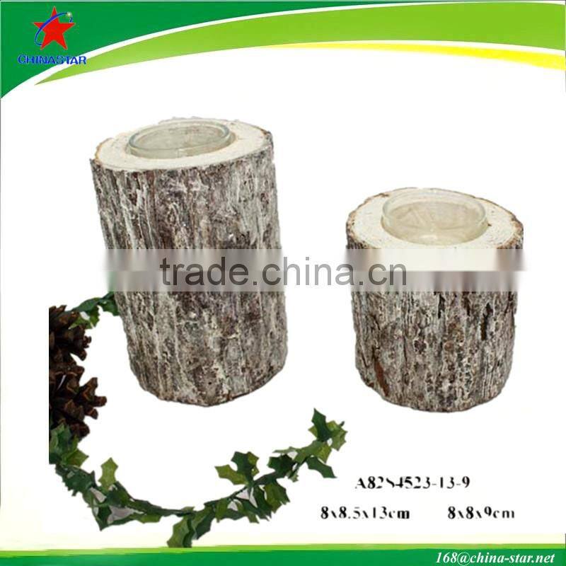 wood votive candle holder with glass holder inserted