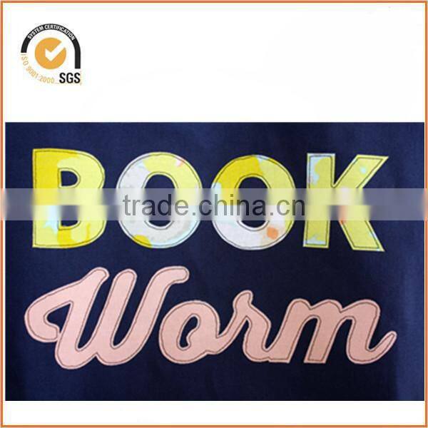 Book Worm Applique Tote Bag: Navy Blue Canvas, Yellow Floral and Pink with Gray Lining and Floral Pocket By Chiqun Dongguan