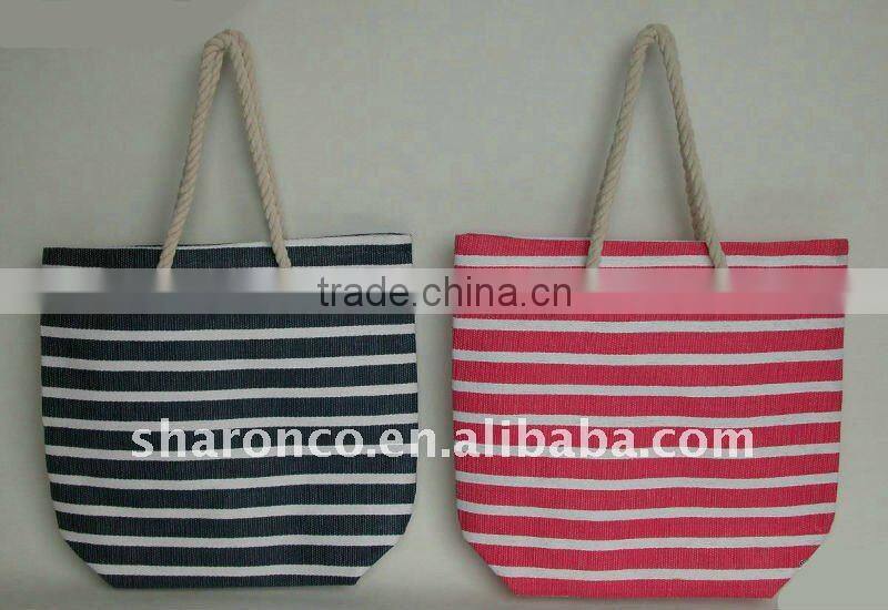 Candy strip paper straw fabric beach bag with handle