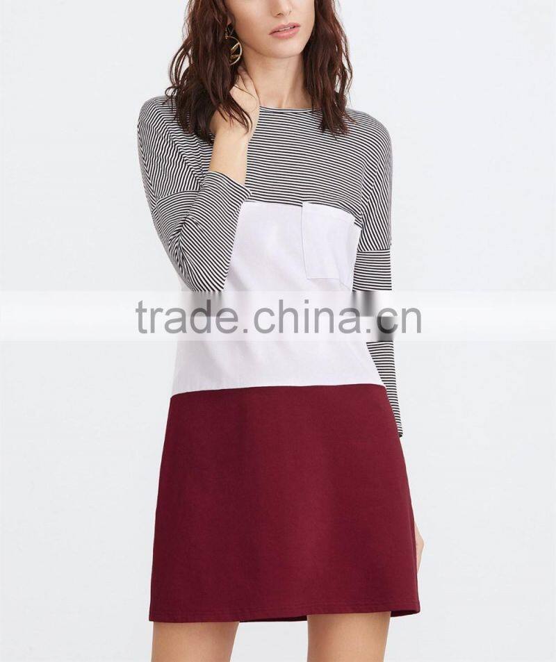 Color Block Drop Shoulder Pocket Front Tee Dress Spring Dress New Arrival 2017 Women Long Sleeve T-shirt Dress