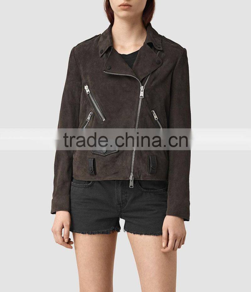 Cool newest slim fitting zip pockets classic city style blank suede biker jacket for women