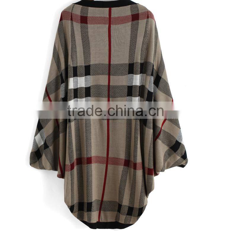 trendy England style design women poncho with classic plaid