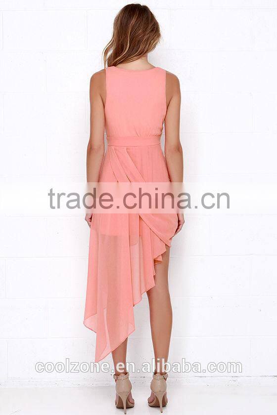 Elegant High-low designer one piece party dress woman pleated coral party dresses