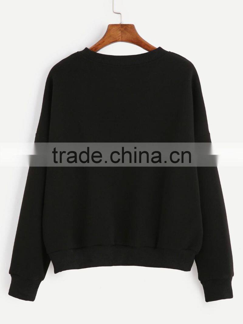 Black custom gesture printing crewneck sweatshirt wholesale women crewneck sweatshirt