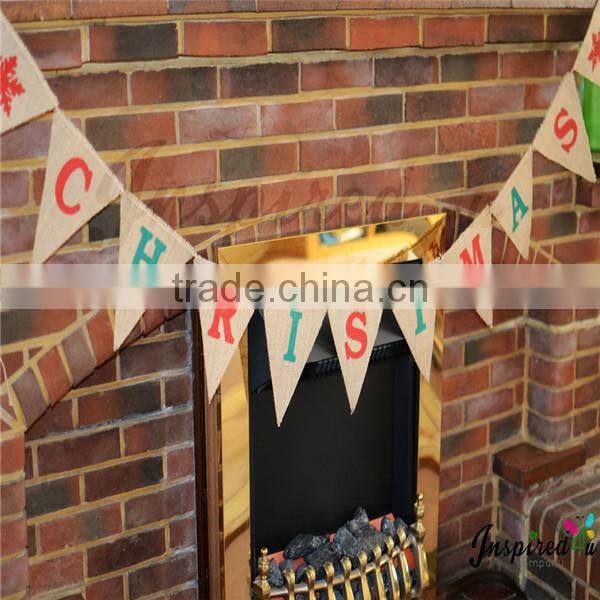 Burlap Hessian Vintage Christmas Bunting Banner, Shabby Chic Bunting Banner & Red Snowflakes