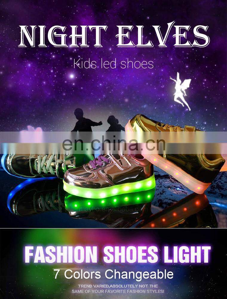 Factory Wholesale new design shining mirror finish PU leather Children Kids LED shoes sneakers footwear