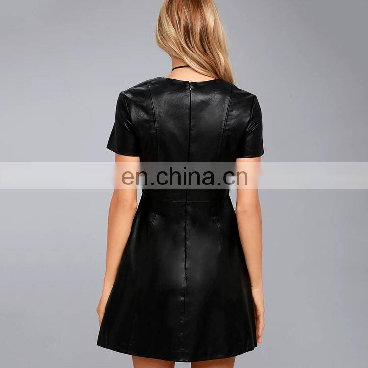 women clothes skater dress fashion black leather mini dress for ladies