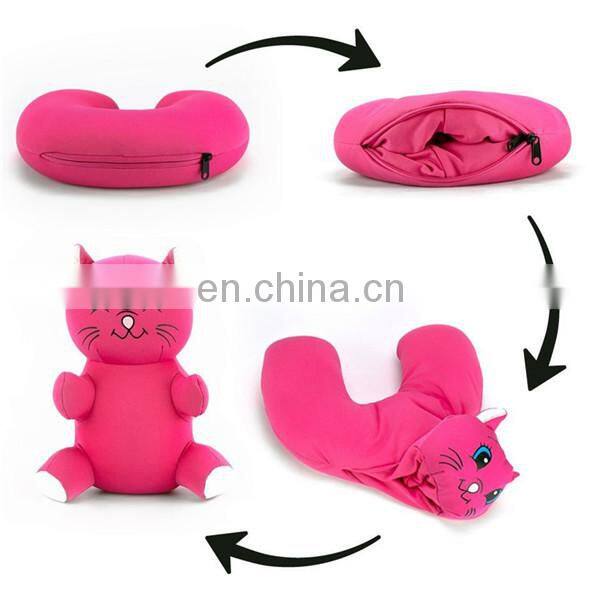 Microbeads Spandex Reversible U Shape Neck Pillow Case Fashion Cartoon Soft Plush Pink Dog Toy 2 in 1 Travel Neck Rest Pillow