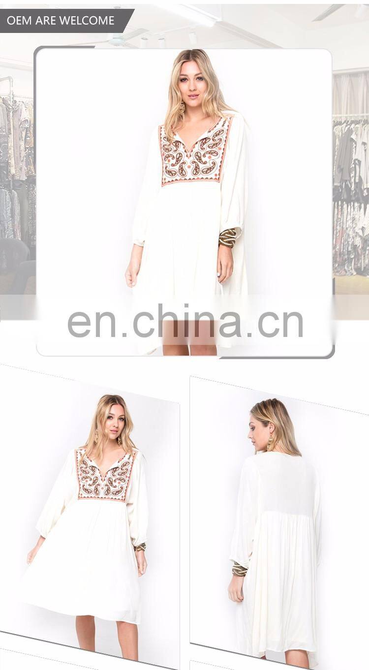 Rayon Long Sleeve Women Crinkle White Short Autumn Dress