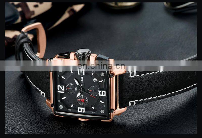 Megir 2061 Men Quartz Watches Luxury Chronograph Clock Men Leather Sport Army Military Wristwatch Quartz