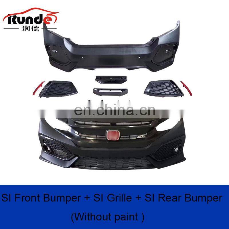 Runde PP Material Body Kit With Front Rear Bumper Grille Side Skirt Spoiler For 2016-2019 Honda Civic 10th Generation Bodykit