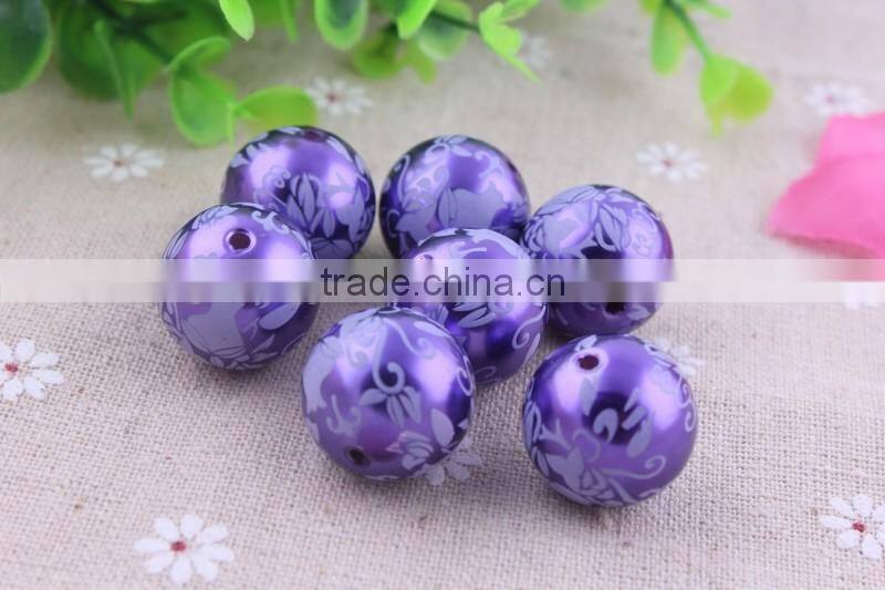 Factory price !!Imitated loose Round Acrylic faux Pearl Beads , Aqua flower Print fake Pearl Beads for party necklace using!!