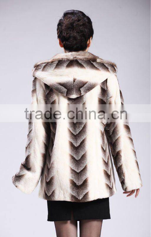 Embossed rex rabbit fur coat with mink hood