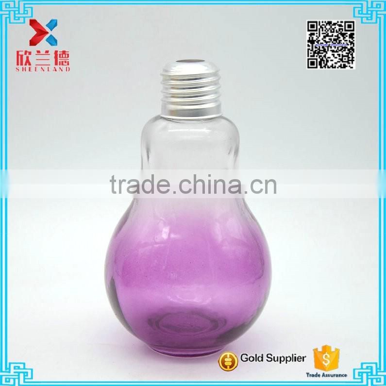 New Arrival!! unique color glass bottle, bulb colored lamp bulb bottle, 200ml purple bulb bottle for beverage with silver cap
