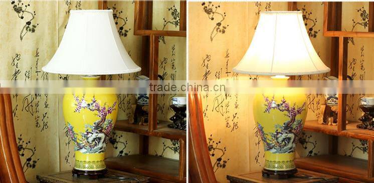 Classic chinese fabrics shadow yellow ceramic table lamp for home hotel