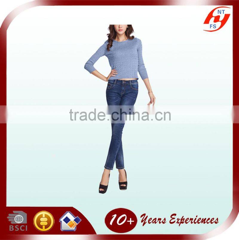 Woman cotton blue stretch skinny jeans high quality pencil pants manufacturer